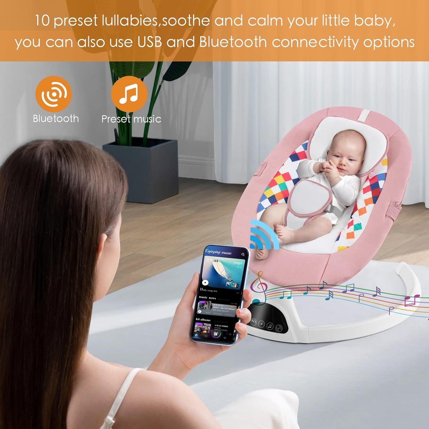 Baby Swing for Infants,Electric Bouncer for Babies ,5 Speeds, Bluetooth Music, Toys
