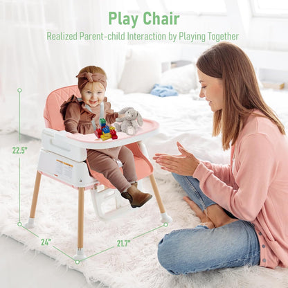 3 in 1 Baby High Chair, Portable High Chairs for Babies and Toddlers, Adjustable Convertible Infant Baby Feeding Chair Booster for Eating with Detachable Double Tray,Pink