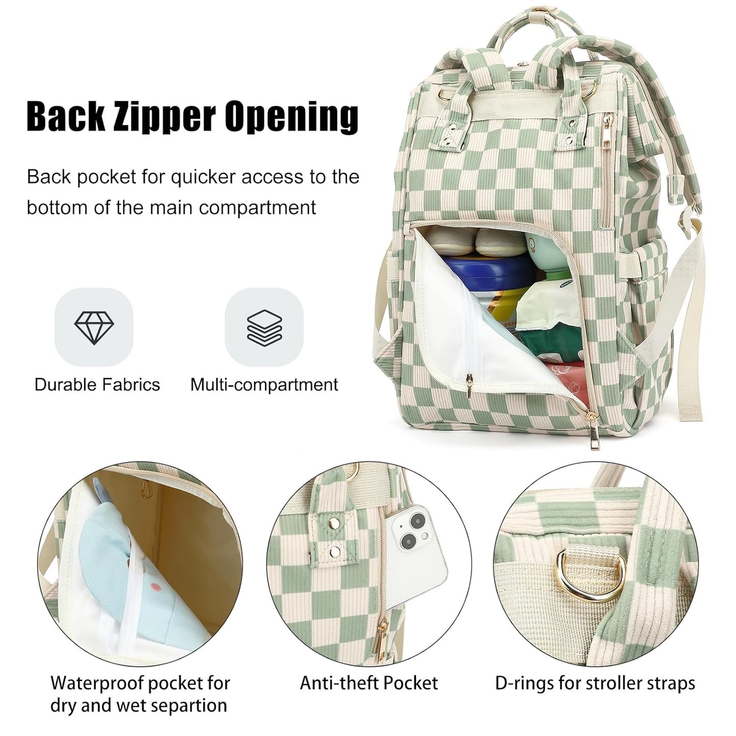 Baby Diaper Bag Backpack for Mom, Large Capacity Travel Nappy Bag for Boys & Girls with Stroller Straps