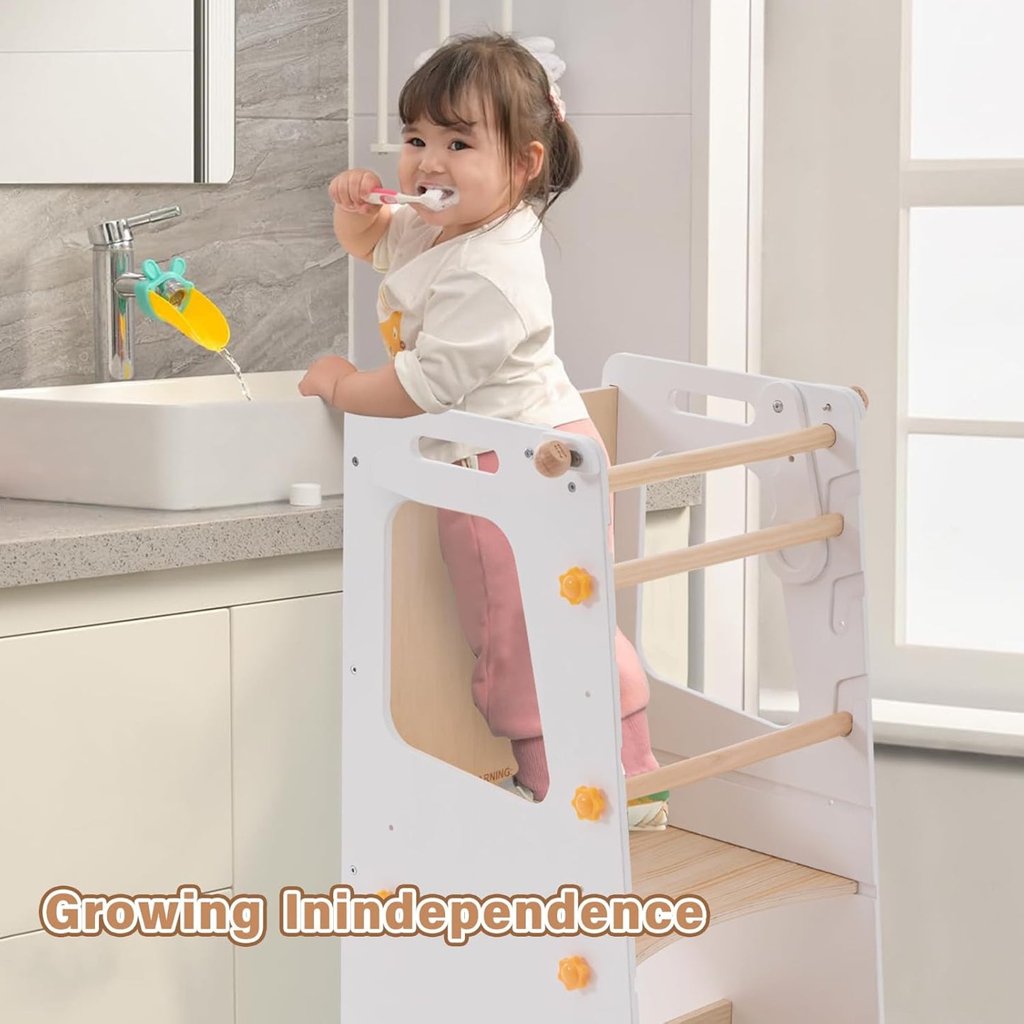 4 in 1 Toddler Kitchen Tower, Kids Kitchen Stool Helper, Standing Tower with Convertible Table and Chair, Toddler Step Stool with Adjustable-Height,Whiteboard and Safety Rail for Kitchen