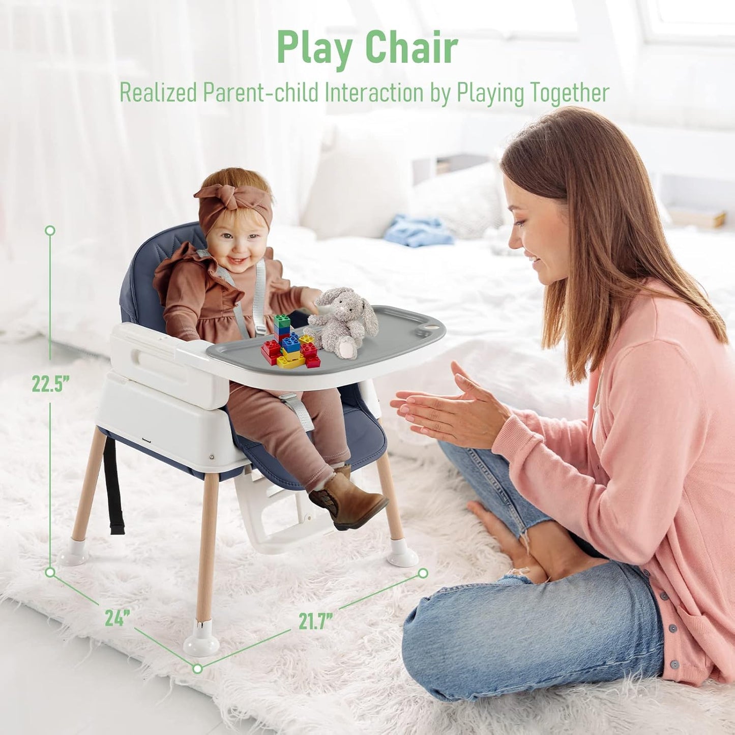 3 in 1 Baby High Chair, Portable High Chairs for Babies and Toddlers, Adjustable Convertible Infant Baby Feeding Chair Booster for Eating with Detachable Double Tray