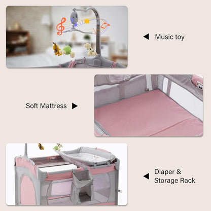 5 in 1 Infant Newborn Baby Crib Baby Bassinet with Changing Table，Light Pink Gray