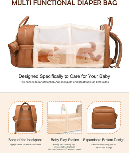 Large Diaper Bag Backpack，Waterproof Leather Diaper Bags Baby with Changing Station