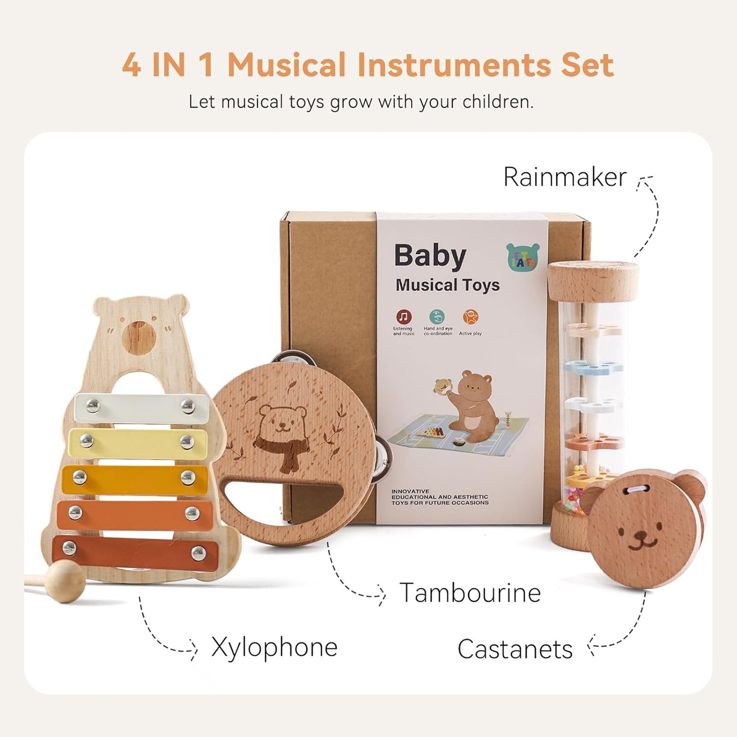 Baby Musical Instruments - Your Child's First Musical Toys with Castanet Rainmaker Tambourine Xylophone - Baby Friendly Design Wooden Instruments Set