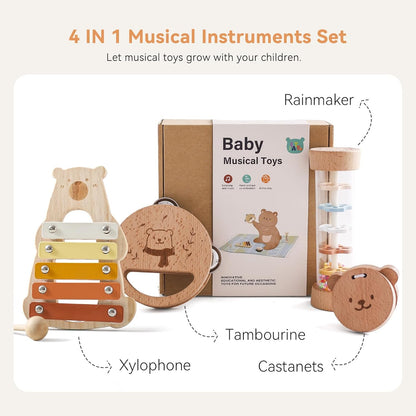 Baby Musical Instruments - Your Child's First Musical Toys with Castanet Rainmaker Tambourine Xylophone - Baby Friendly Design Wooden Instruments Set