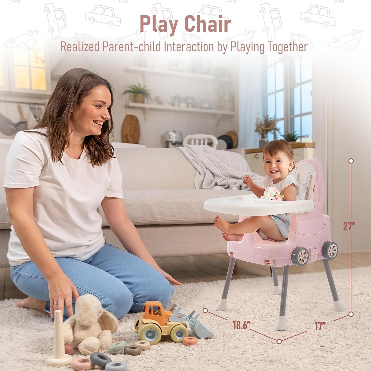 High Chairs for Babies and Toddlers, Portable 3 in 1 High Chair, Adjustable Convertible Compact Infant Baby Feeding Chair Booster with Detachable Double Tray Pink