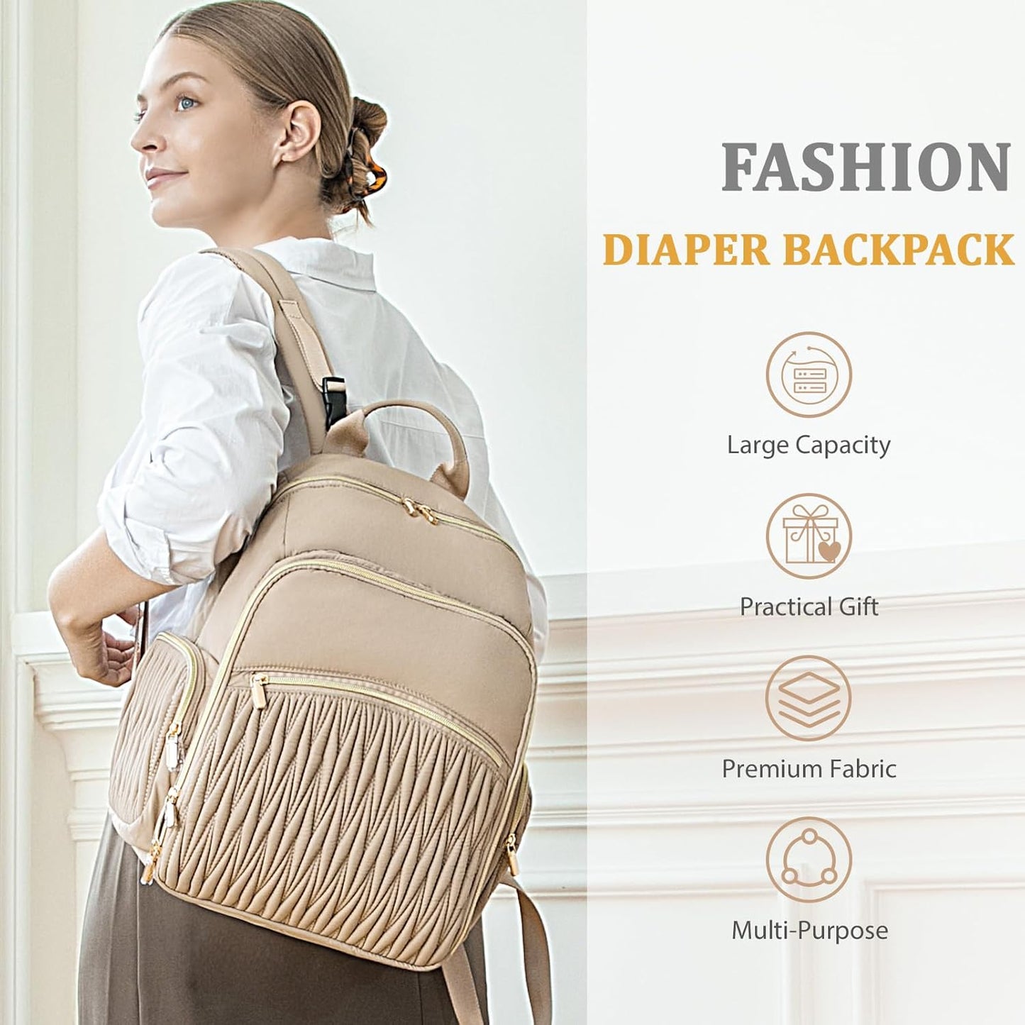 Quilted Diaper Bag Backpack with Changing Pad ，Mommy Backpack for Baby Shower Gifts