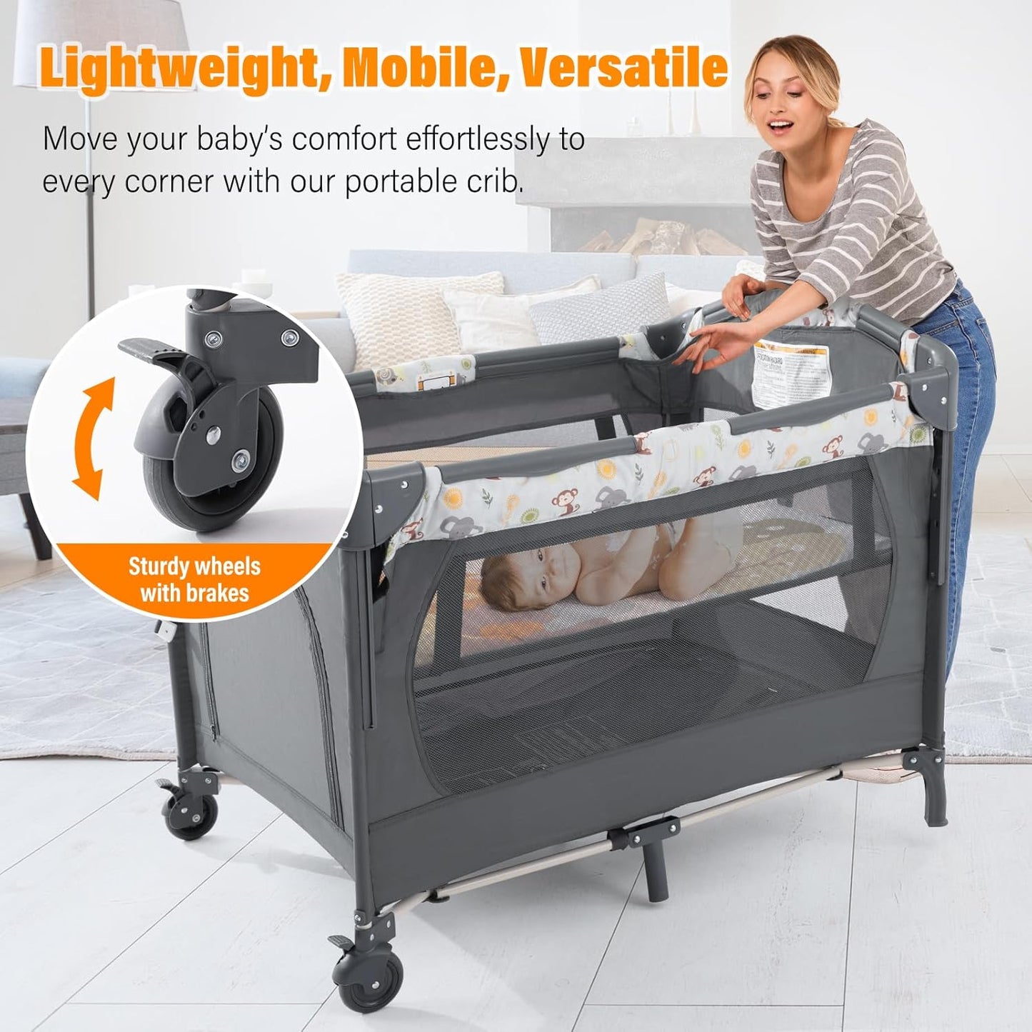 5 in 1 Infant Newborn Baby Crib Baby Bassinet with Changing Table，Gray