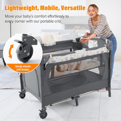 5 in 1 Infant Newborn Baby Crib Baby Bassinet with Changing Table，Gray