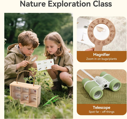 Kids Nature Explorer Kit – Outdoor Treasure Hunt Set with Binoculars, Magnifying Glass, Wooden Collection Box & Mission Cards
