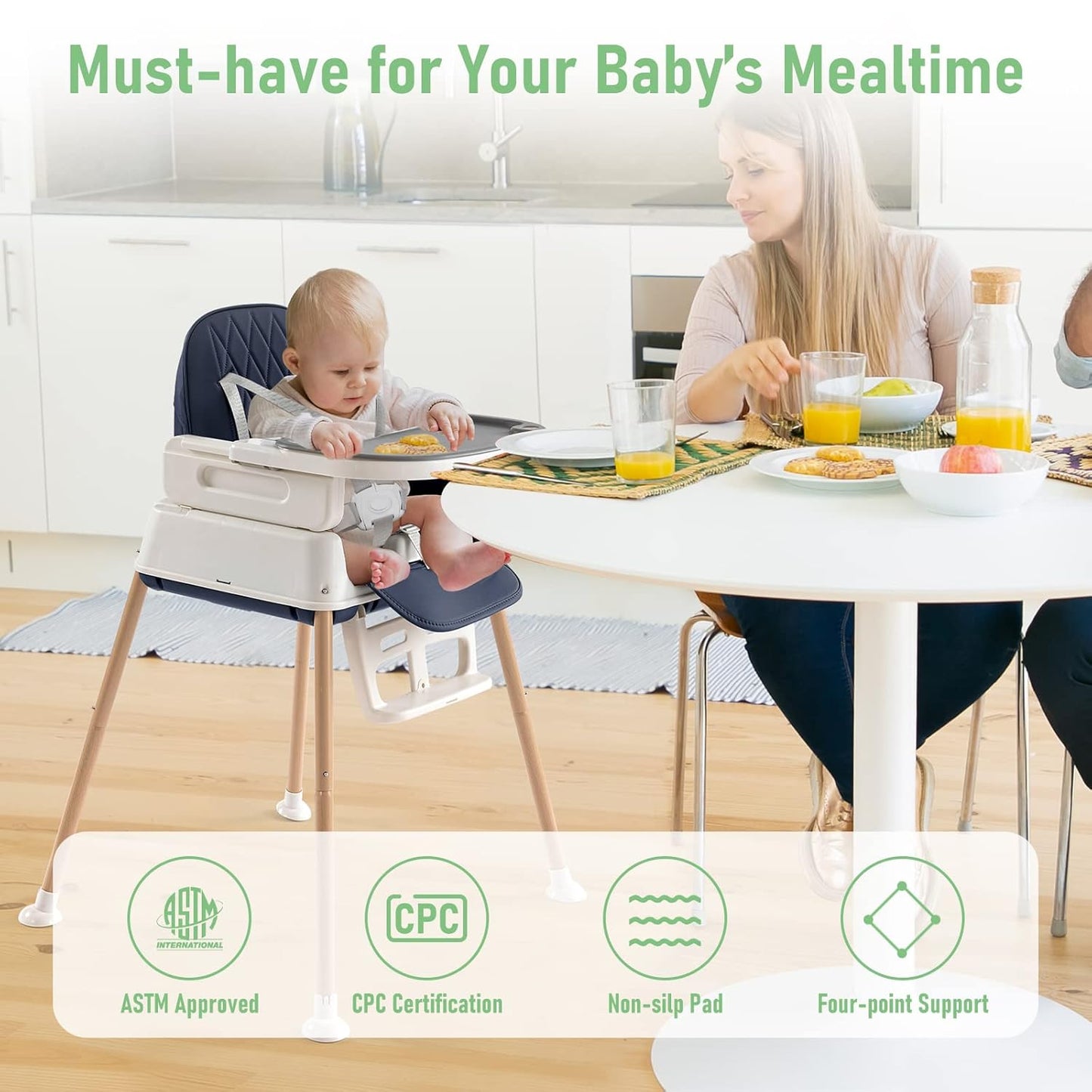 3 in 1 Baby High Chair, Portable High Chairs for Babies and Toddlers, Adjustable Convertible Infant Baby Feeding Chair Booster for Eating with Detachable Double Tray