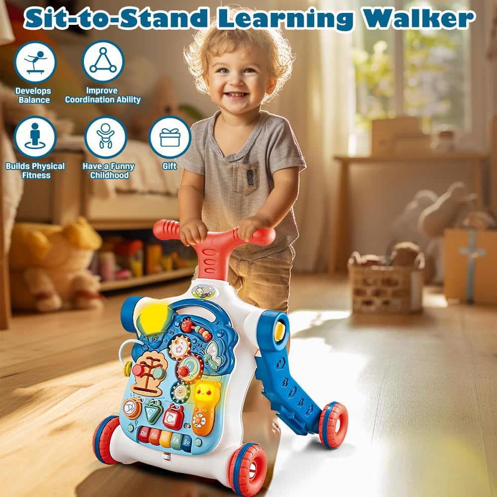 5 in 1 Baby Walker Sit-to-Stand Toys, Learning Walker for Boys Girls Toddler, Multifunctional Educational Activity Center Removable Play Panel, Push Walker Toys Gifts for Infant 6-18 Months