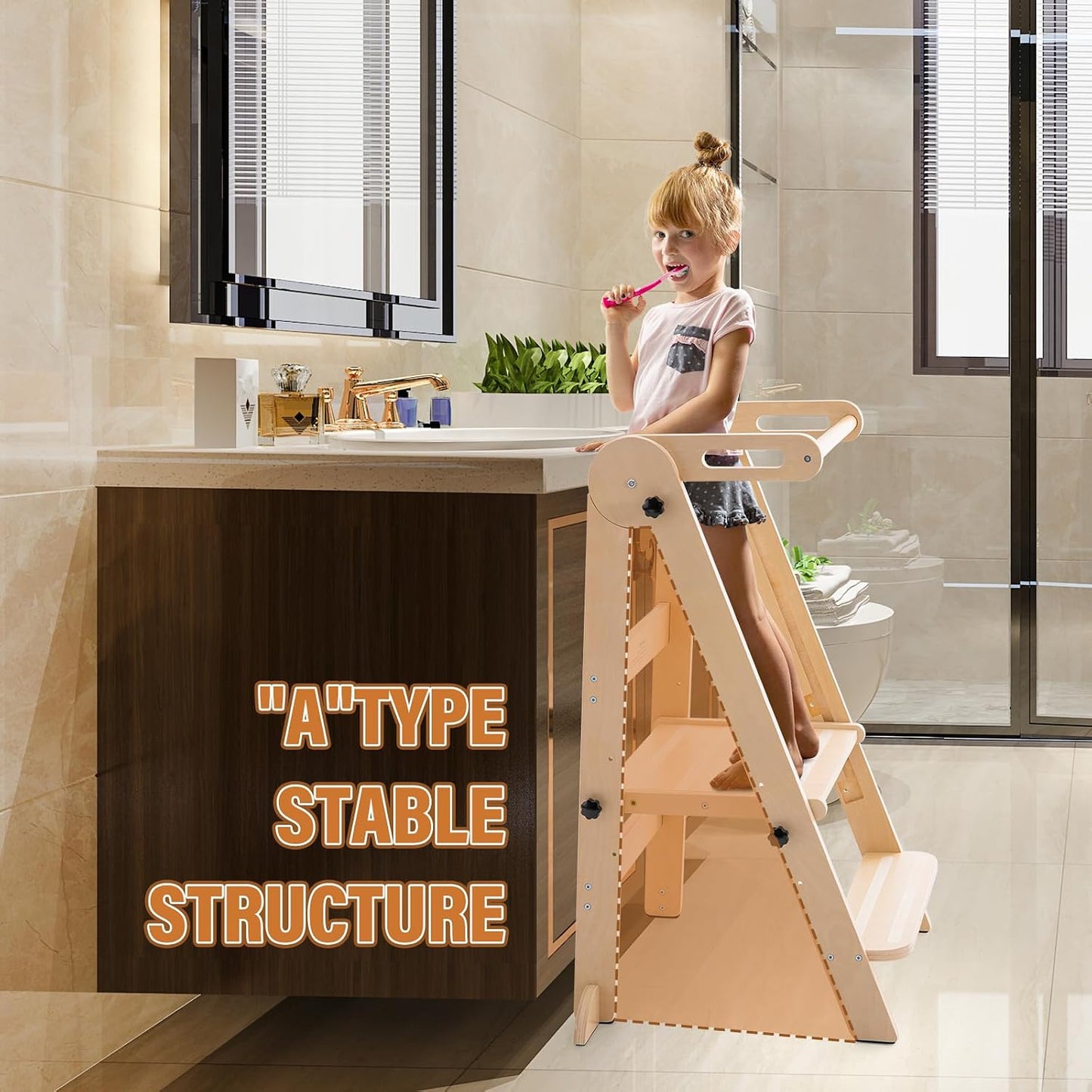 Foldable Toddler Kitchen Tower with 3 Adjustable Heights – Montessori Step Stool for Kids 1.5-6 Years