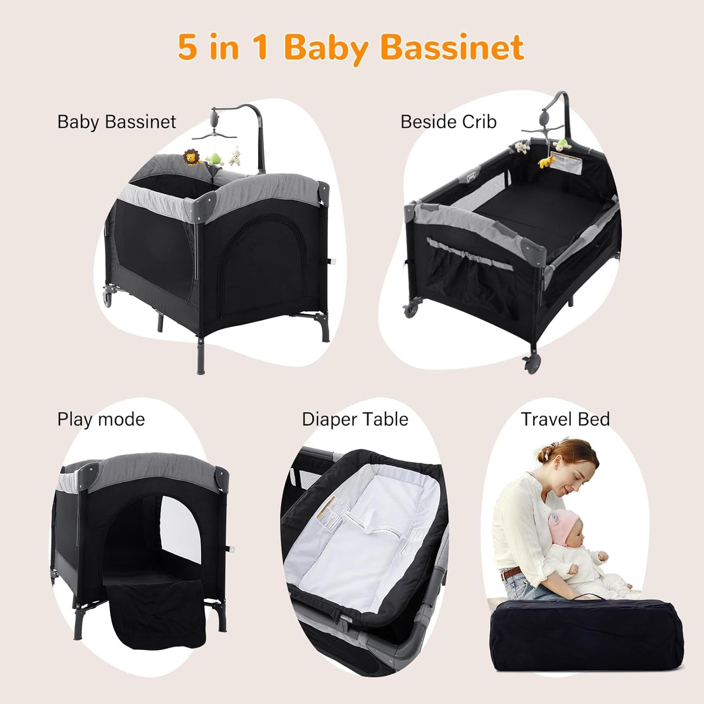5 in 1 Infant Newborn Baby Crib Baby Bassinet with Changing Table，Black