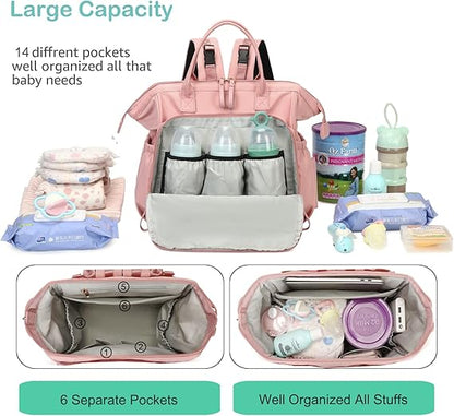Large Diaper Bag Tote, 14 Pockets Stylish Baby Bag with Stroller Clips and 3 Insulated Pockets, Baby Shower Essentials