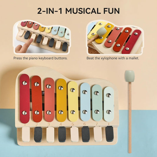 2-in-1 Wooden Piano Xylophone for Toddlers, Montessori Musical Learning Toy with Song Sheets