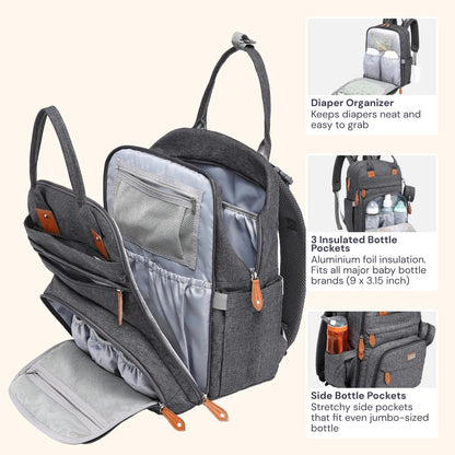 Diaper Bag Backpack -  Multi Function Water Resistant Diaper Bag with Changing Pad, Stroller Straps & Pacifier Case ,Travel Essentials