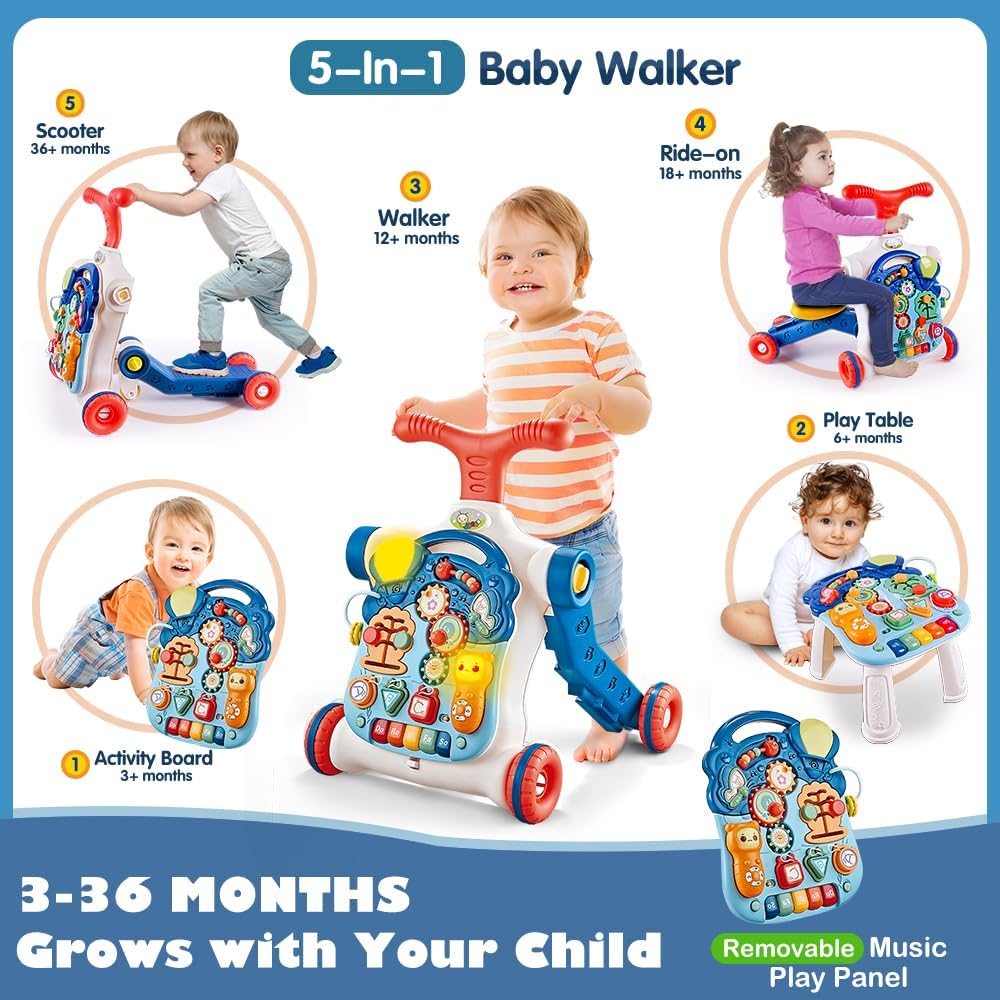 5 in 1 Baby Walker Sit-to-Stand Toys, Learning Walker for Boys Girls Toddler, Multifunctional Educational Activity Center Removable Play Panel, Push Walker Toys Gifts for Infant 6-18 Months
