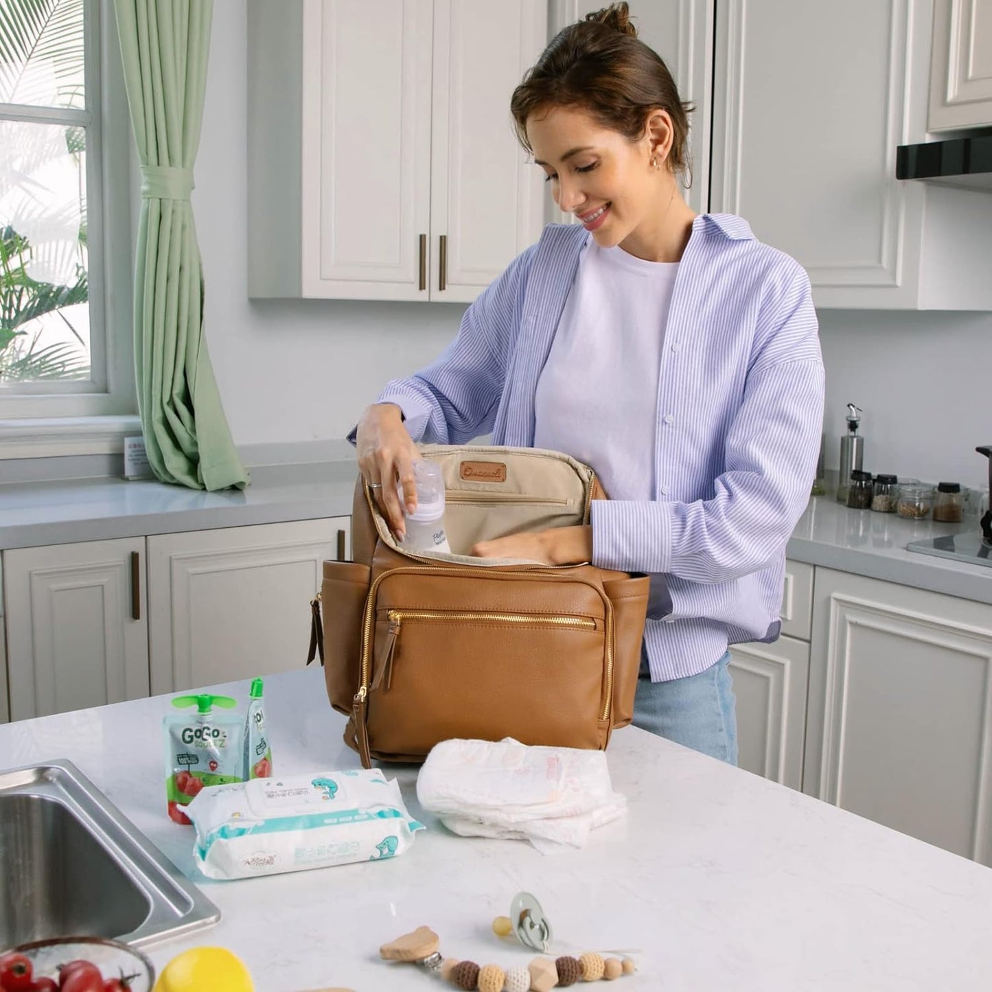 Diaper Bag Backpack Large Baby Diaper Bag Leather with 17 Diaper Bag Organizing Pouches,Changing Pad,Stroller Straps,4 Insulated Pockets