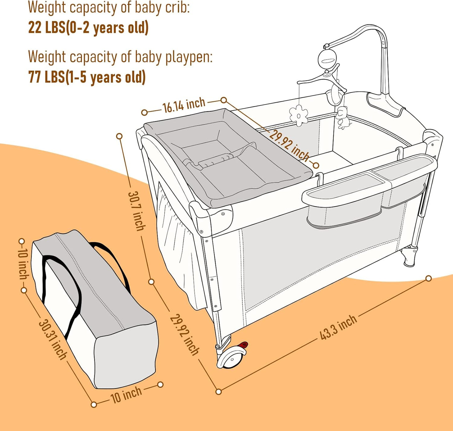 Baby Bassinet Beside Sleeper, Pack and Play with Bassinet and Changing Table Portable Travel Baby Playpen with Toys & Music Box, Mattress for Boy Girl Infant Newborn
