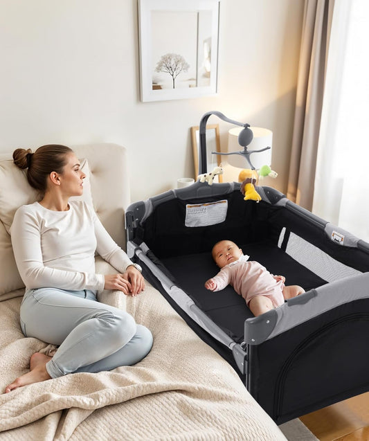 5 in 1 Infant Newborn Baby Crib Baby Bassinet with Changing Table，Black