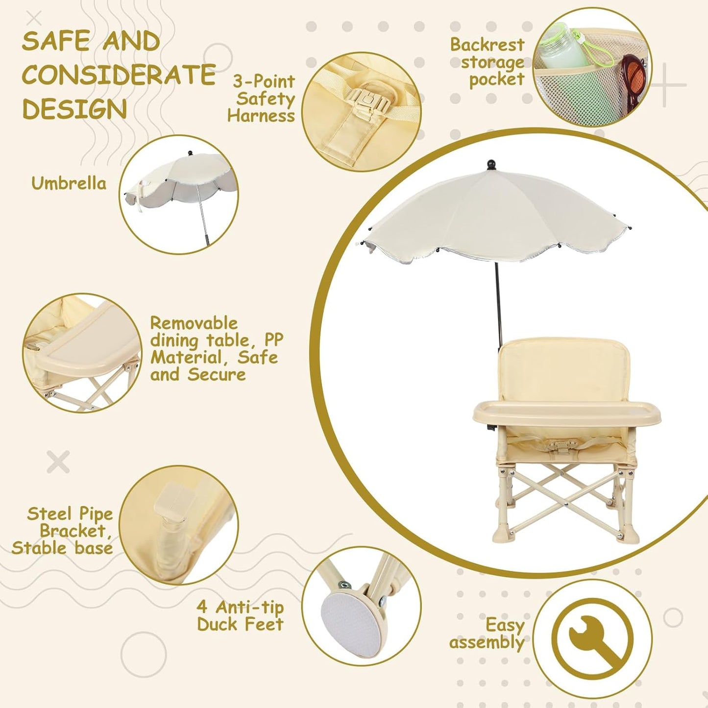 Baby Beach Chair with Umbrella & Tray – Kids Portable Folding Seat with Storage Bag, Lightweight Camping Chair for Outdoor Travel