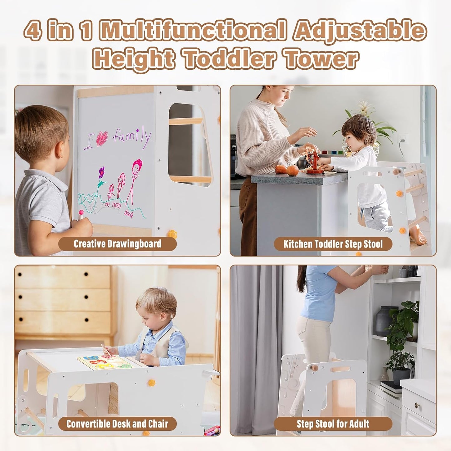 4 in 1 Toddler Kitchen Tower, Kids Kitchen Stool Helper, Standing Tower with Convertible Table and Chair, Toddler Step Stool with Adjustable-Height,Whiteboard and Safety Rail for Kitchen