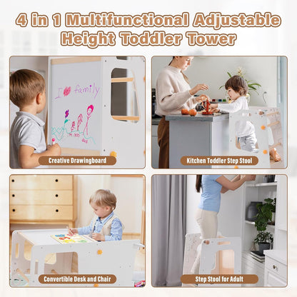4 in 1 Toddler Kitchen Tower, Kids Kitchen Stool Helper, Standing Tower with Convertible Table and Chair, Toddler Step Stool with Adjustable-Height,Whiteboard and Safety Rail for Kitchen