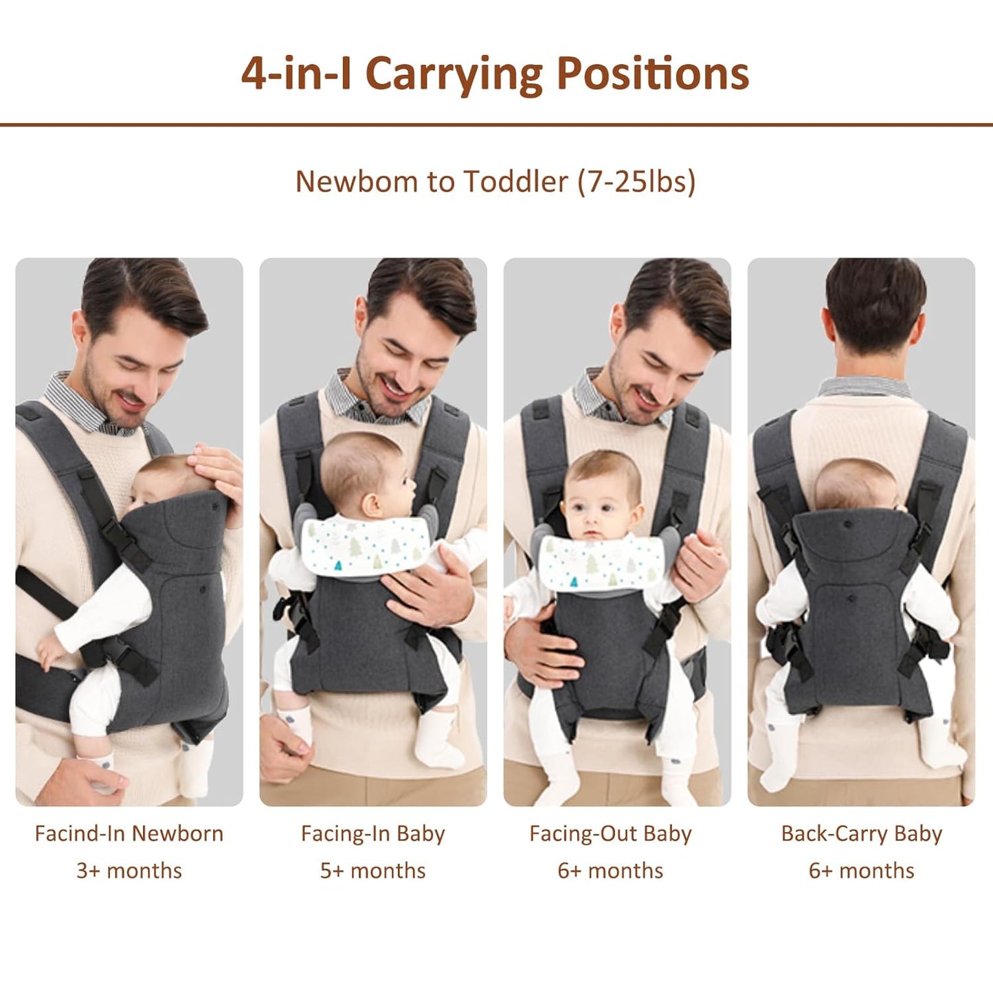 4-in-1 Baby Carrier, Hands Free Adjustable Ergonomic Baby Carrier Newborn to Toddler 6-33lbs