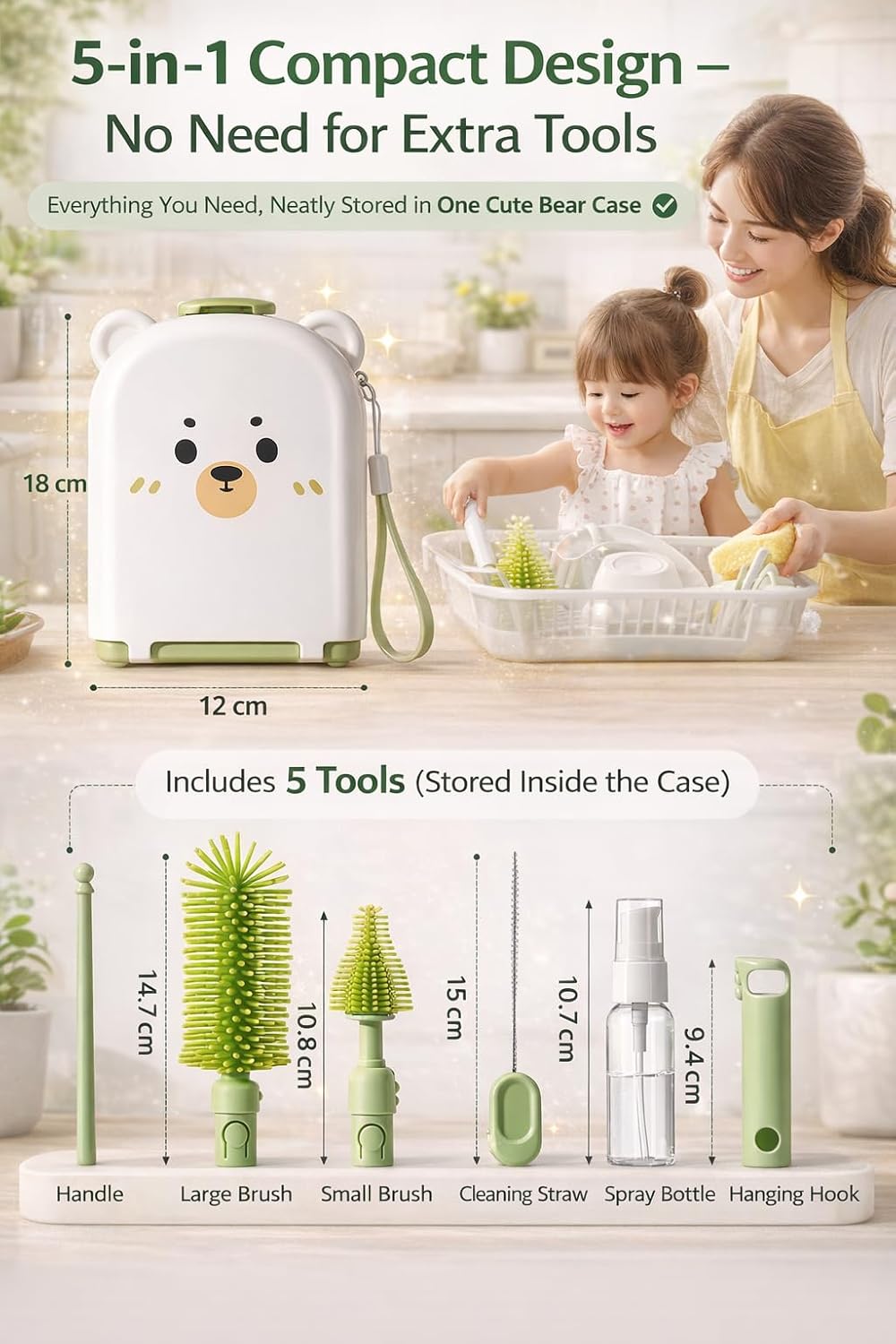 Travel Bottle Cleaner kit, 7in1 Baby Toddler Travel Essential Silicone Bottle Brush Set