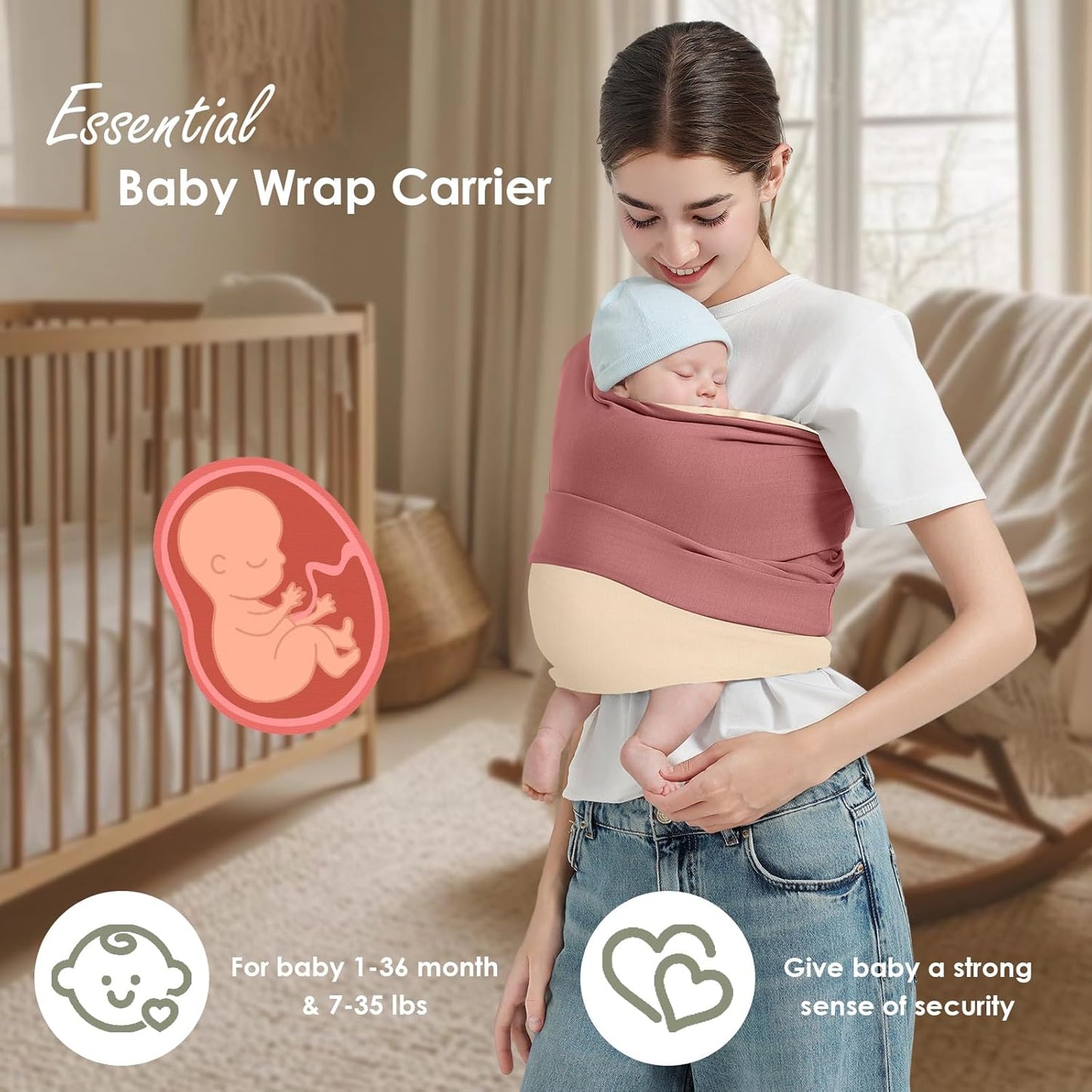 Porte-bébé en écharpe–Porte-bébé en tissu pour nouveau-nés (3 à 16 kg) 