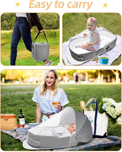 Folding Baby Travel Bassinet Portable Lightweight Travel Crib Baby Bed Co- Sleeper for Baby in Bed with Canopy and Mosquito Net