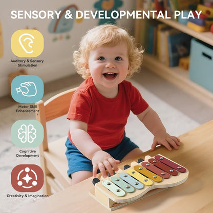 2-in-1 Wooden Piano Xylophone for Toddlers, Montessori Musical Learning Toy with Song Sheets