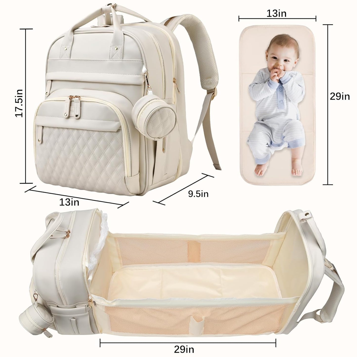 Leather Baby Diaper Bags with Changing Station,Extra large Capacity Baby Diaper Bag Backpack,Waterproof Baby Essentials White