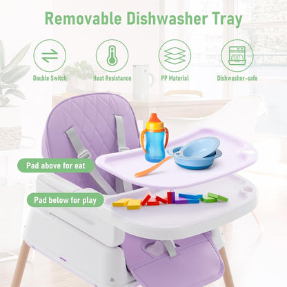 3 in 1 Baby High Chair, Portable High Chairs for Babies and Toddlers, Adjustable Convertible Infant Baby Feeding Chair Booster for Eating with Detachable Double Tray,Purple