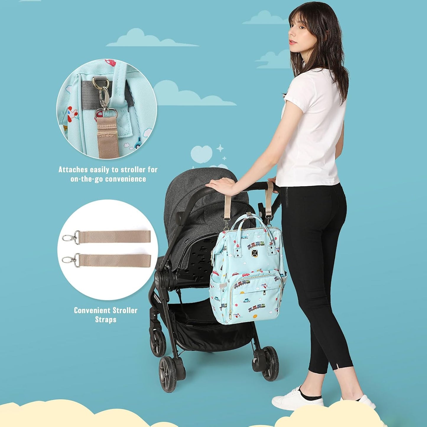 Cute Mult Diaper  Diaper Bags Backpack ,Waterproof Maternity  with USB Charging Port Stroller Straps