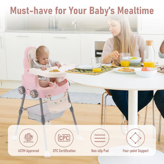 High Chairs for Babies and Toddlers, Portable 3 in 1 High Chair, Adjustable Convertible Compact Infant Baby Feeding Chair Booster with Detachable Double Tray Pink