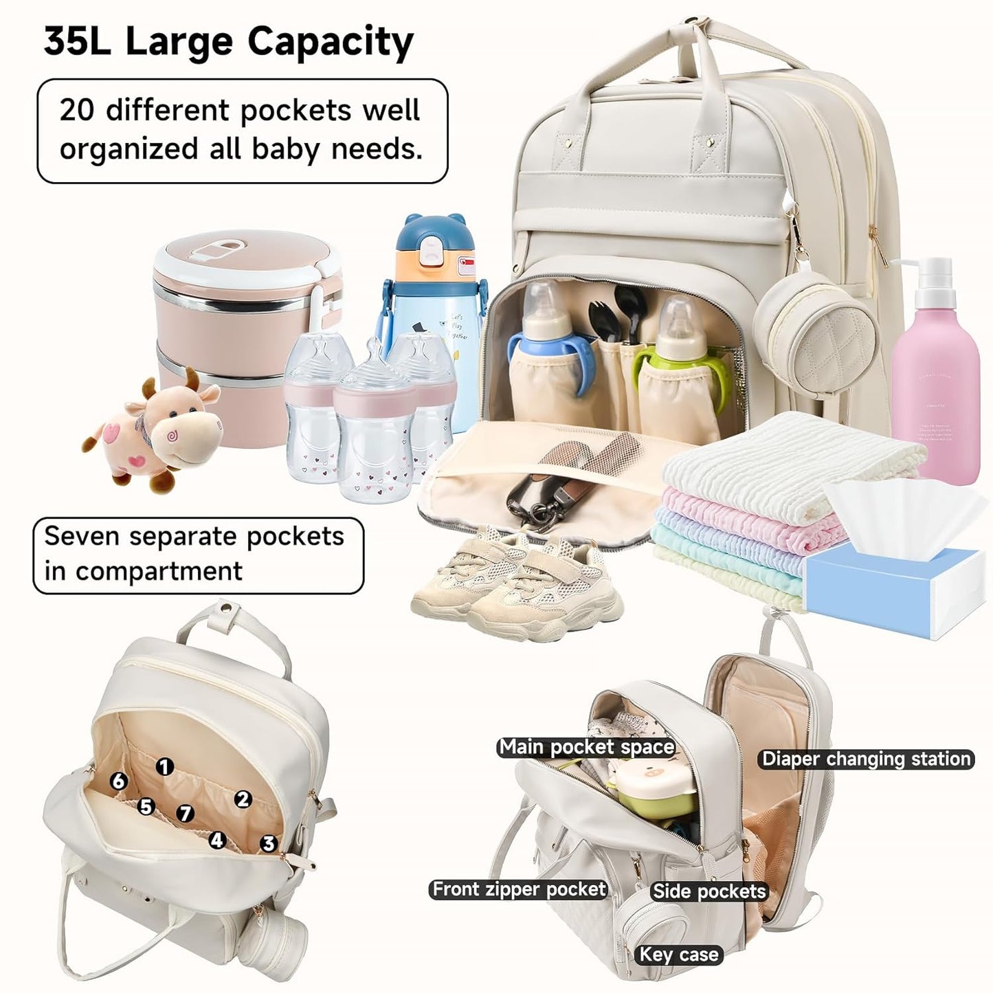 Leather Baby Diaper Bags with Changing Station,Extra large Capacity Baby Diaper Bag Backpack,Waterproof Baby Essentials White