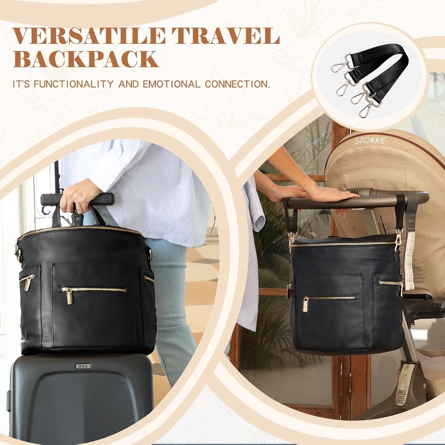 Leather Diaper Bag Backpack  with Diaper Changing Pad, Stroller Straps & 2 Insulated Pockets