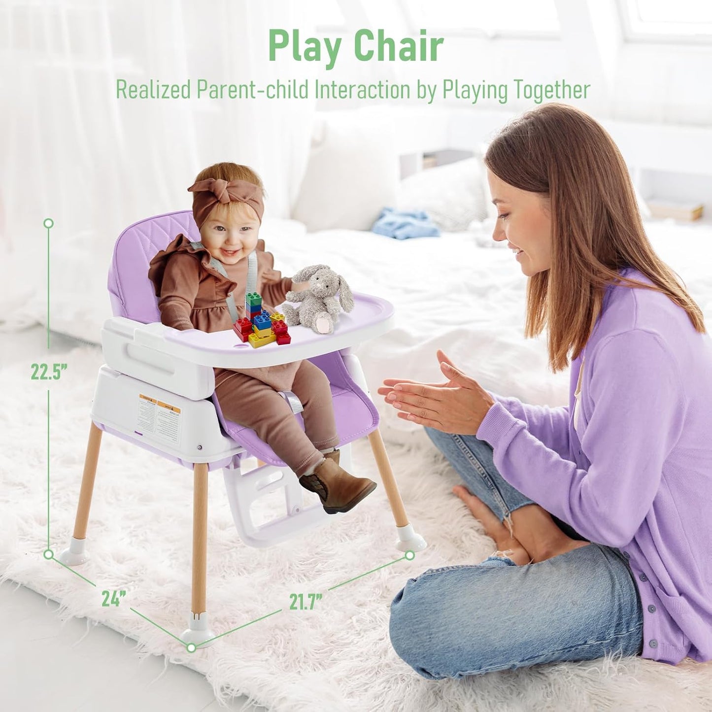 3 in 1 Baby High Chair, Portable High Chairs for Babies and Toddlers, Adjustable Convertible Infant Baby Feeding Chair Booster for Eating with Detachable Double Tray,Purple