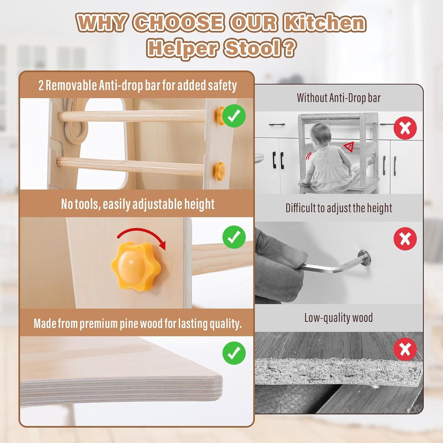 4 in 1 Toddler Kitchen Tower, Kids Kitchen Stool Helper, Standing Tower with Convertible Table and Chair, Toddler Step Stool with Adjustable-Height,Whiteboard and Safety Rail for Kitchen,Wood