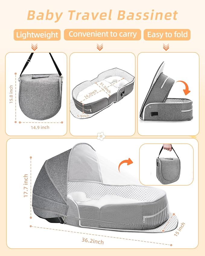 Folding Baby Travel Bassinet Portable Lightweight Travel Crib Baby Bed Co- Sleeper for Baby in Bed with Canopy and Mosquito Net