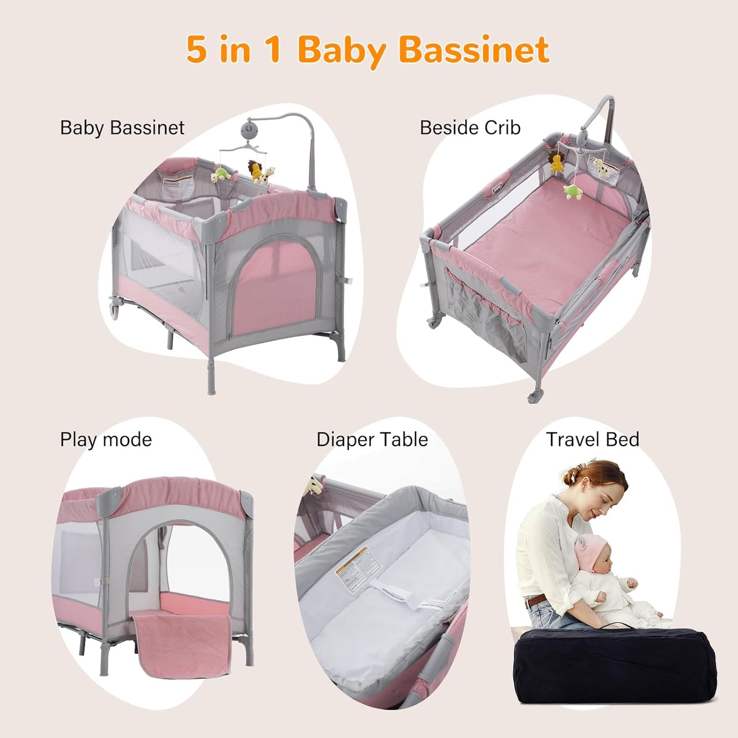 5 in 1 Infant Newborn Baby Crib Baby Bassinet with Changing Table，Pink Gray