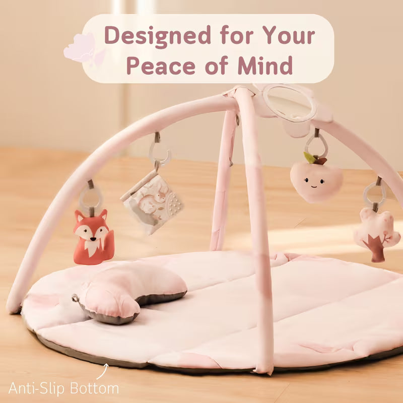 Baby Play Gym & Activity Mat, Tummy Time Mat with 5 Detachable Toys and Pillow, Large Sensory Playmat for Floor, Oversize Flower Pattern Play Mat