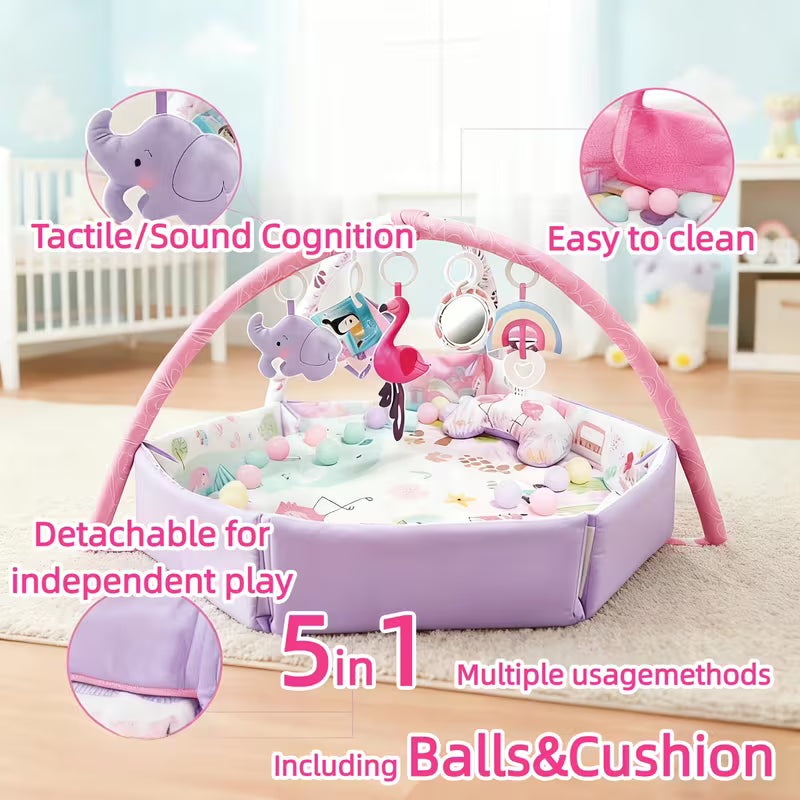 Baby Play & Crawling Mat with 5 Sensory Toys & Exercise Balls, Soft Floor Mat for Newborns And Infants
