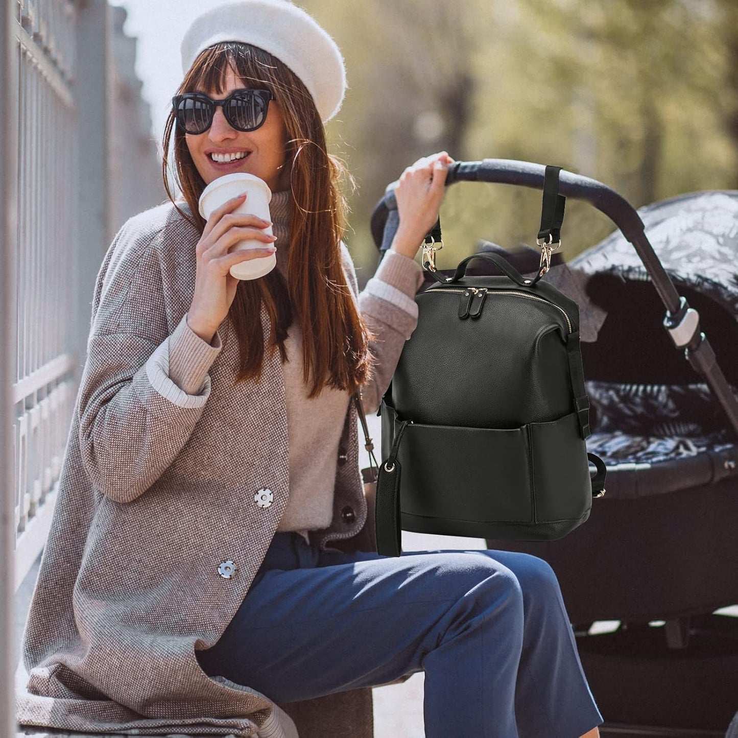 Diaper Bag Backpack Leather Backpack with Changing Pad Stroller Straps