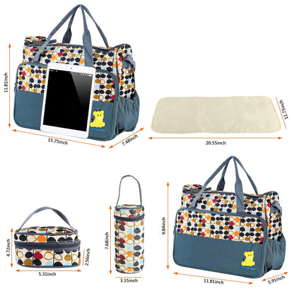 5-in-1 Diaper Bag Tote Set for Baby Essentials – Large Waterproof Maternity Bags for Mom with Insulated Bottle Bag, Food Bag & Changing Pad