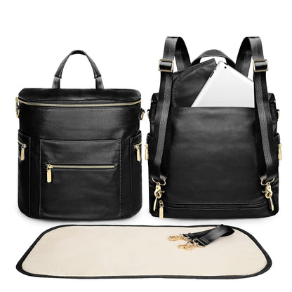 Leather Diaper Bag Backpack  with Diaper Changing Pad, Stroller Straps & 2 Insulated Pockets