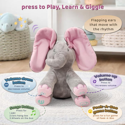 Peek-A-Boo Elephant Plush Toy for Babies & Toddlers, Interactive Singing Stuffed Animal with Moving Ears, Musical Baby Gift