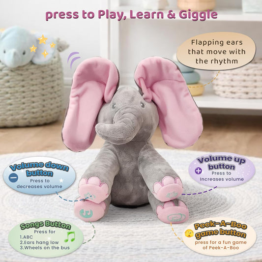 Peek-A-Boo Elephant Plush Toy for Babies & Toddlers, Interactive Singing Stuffed Animal with Moving Ears, Musical Baby Gift